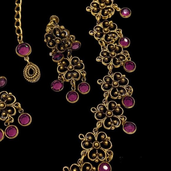 Iconic Goldette Purple Fringed Rhinestone Necklace Matching Clip Earring Set - Picture 6 of 10